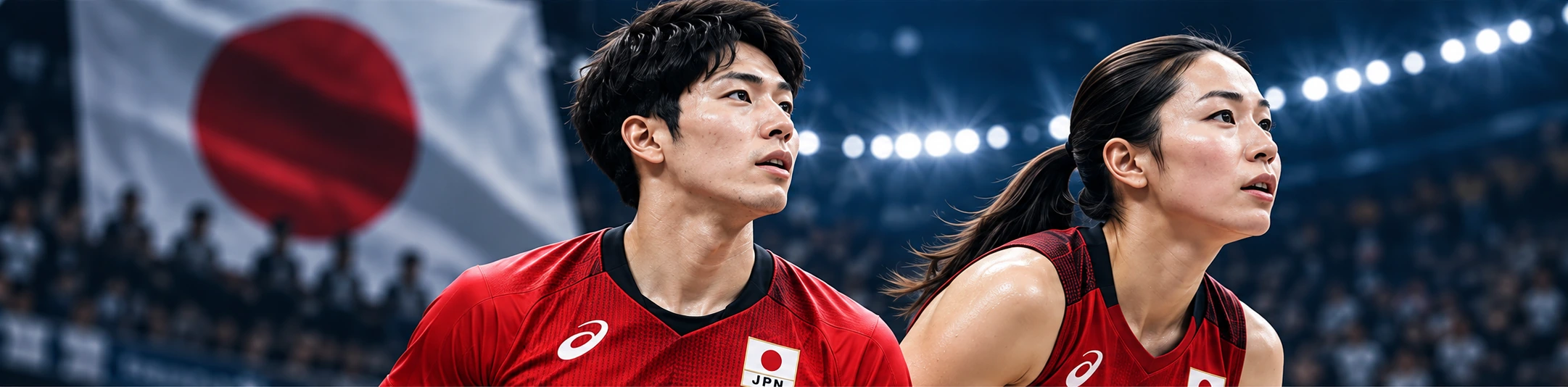 赤いユニフォーム姿でコートを見つめる男女選手のイメージ
